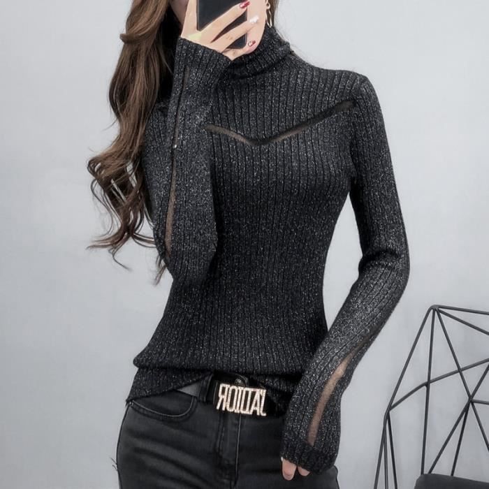 Pull Pull a col roule Sexy a manches longues pour femme tricot moulant et brillant Black E7669 Blanc Cdiscount Pret a Porter