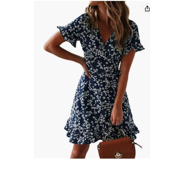 Robe de Plage Femme Ete Fleurie Portefeuille Col en V Manches Courtes-Blue