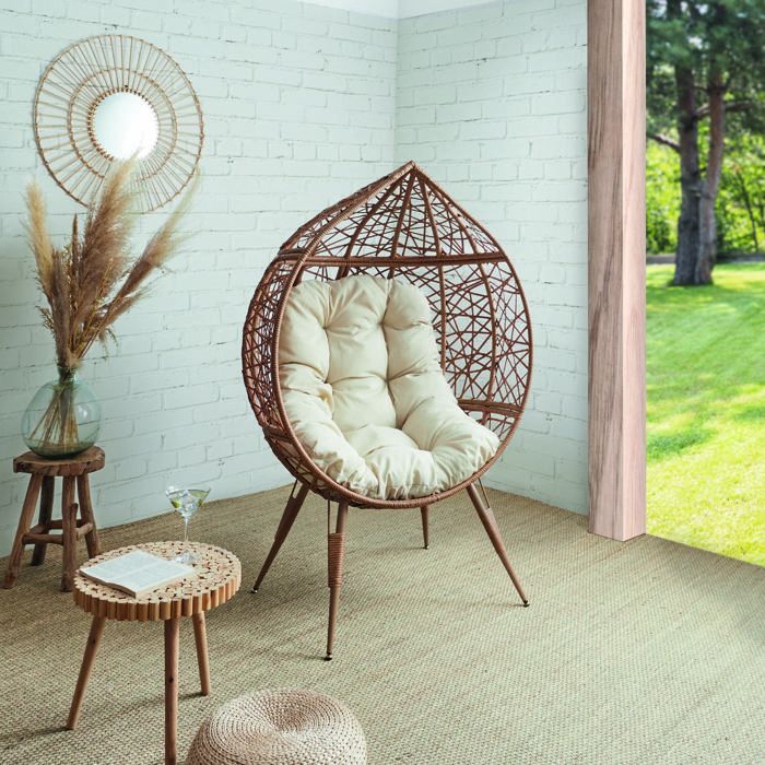 Fauteuil - HOME DECO FACTORY - Tressé - Coussin Rembourré - Marron et Blanc
