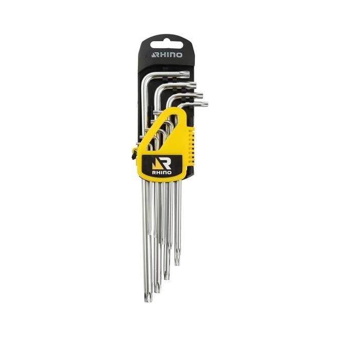 RHINO - Jeu De 9 Clés Torx Alésées Longues T10 à T50 Sur Support - Acier Chrome Vanadium Haute Qualité - Garantie à Vie