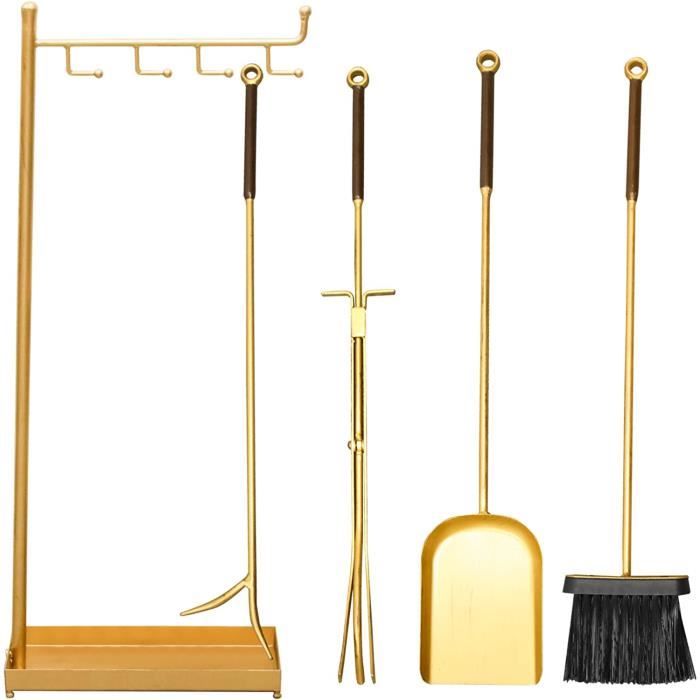 Set Cheminée 4 Pièces - Pelle, Balai, Grattoir Et Support - Design Moderne Noir Et Bois