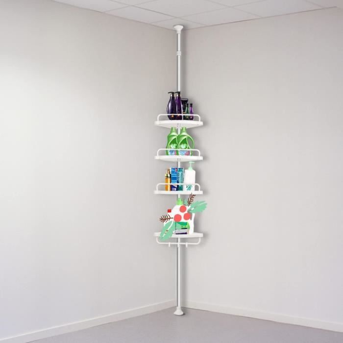 Étagère De Douche MSV Angle Blanc - 4 Tablettes Téléscopique 135-260cm - Sans Perçage