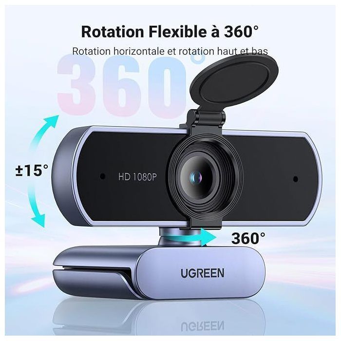 UGREEN Webcam Full HD 30FPS Caméra USB PC Mise au Point Fixe Deux Micro 360 Degrés Rotation Plug Play Windows MacOS Linux Youtube Streaming Skype Appel Vidéo Zoom Vidéoconférence - vue 2