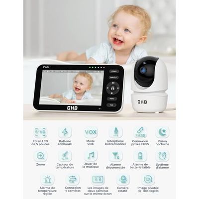 Camera Bebe Surveillance Babyphone Vidéo 3.5" 720p | Vision Nuit RGB | 8 Berceuses | Capteur Température | 2000mAh Batterie Batterie 2000mAh Longue Durée