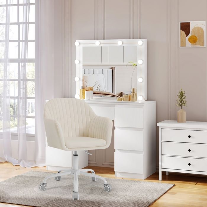 Chaise De Bureau Pivotante En Velours Blanc - Sans Accoudoirs, Hauteur Réglable, Design Confortable Pour Coiffeuse, Salon Ou Chambre