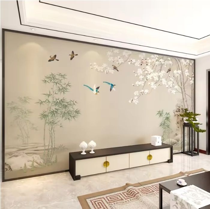 Papier Peint Panoramique 3D chinois peint à la main fleur oiseau canapé ...