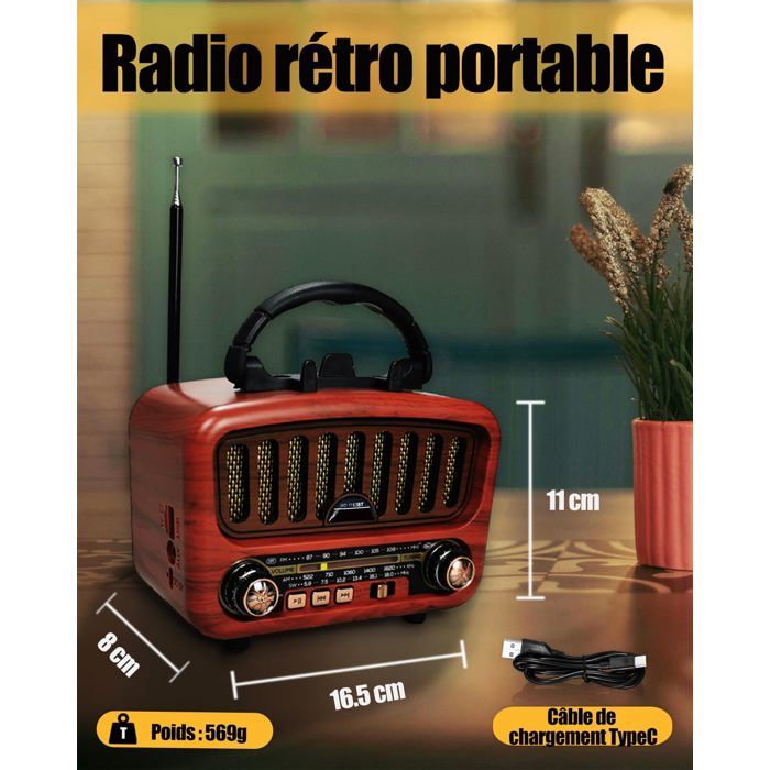 Radio Vintage J-120 AM/FM/SW Bluetooth – Bois, Cuivre Rose, Batterie Rechargeable Incluse