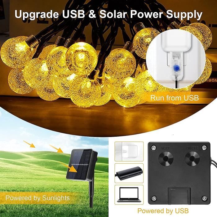 ULIGHTOWN Guirlande lumineuse solaire d'extérieur 14 m USB et solaire avec  télécommande, étanche IP65 avec 30 ampoules LED incassables pour tonnelle