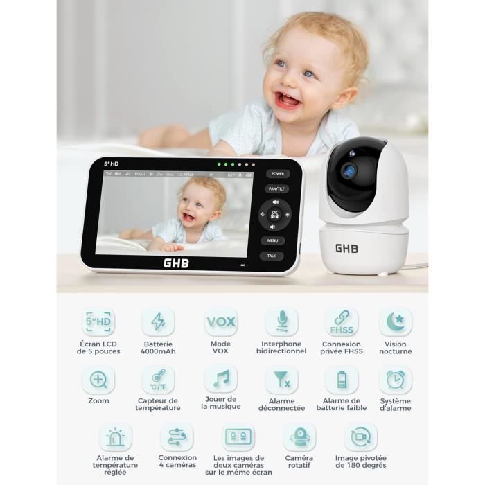 GHB Babyphone Camera Video 5 Camera Bebe 720P HD 4000mAh 350° Rotation ...