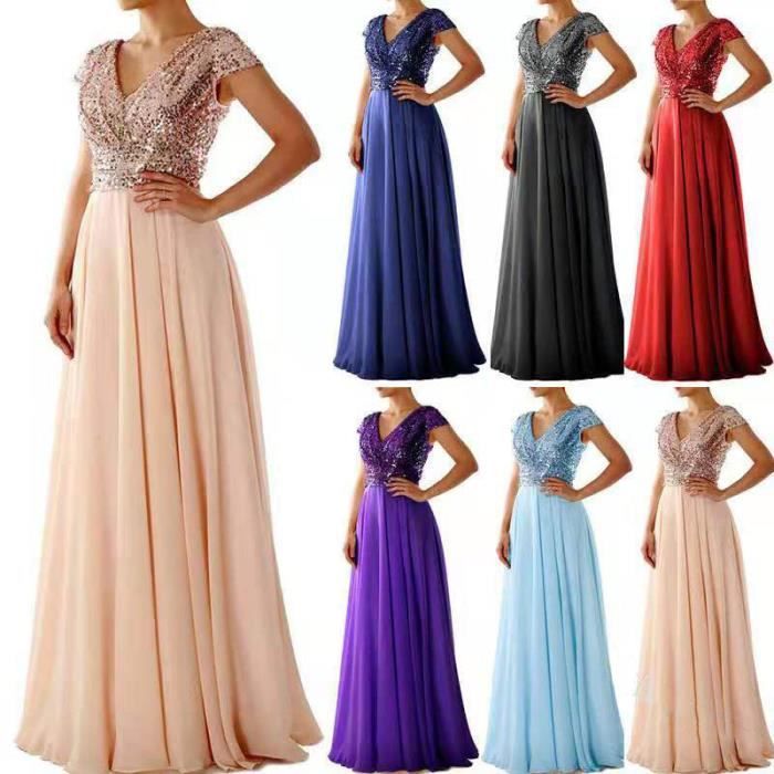 Robe de Soiree Femme Longue Maxi Paillettes Mousseline de Soie Mariage Demoiselle d honneur Col V Manche Courte Robe Bal Ceremonie Noir Cdiscount Pret a Porter