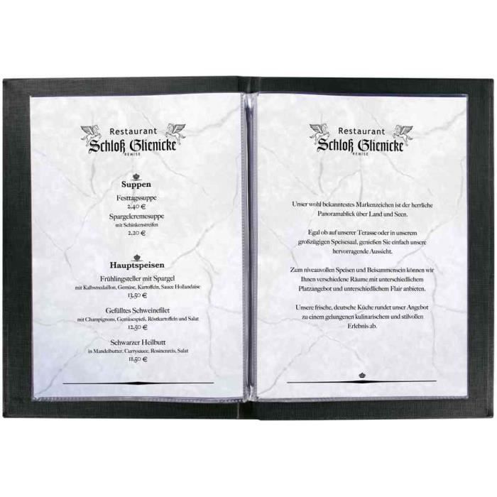 Lot De 10 Protège-menus A4 Avec Cordon Élastique – 2 Poches Transparentes (8 Vues), Aspect Lin Beige Foncé Gaufré 'Menu', Idéal Restaurant & Hôtel