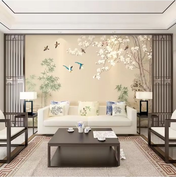 Papier Peint Panoramique 3D chinois peint à la main fleur oiseau canapé ...