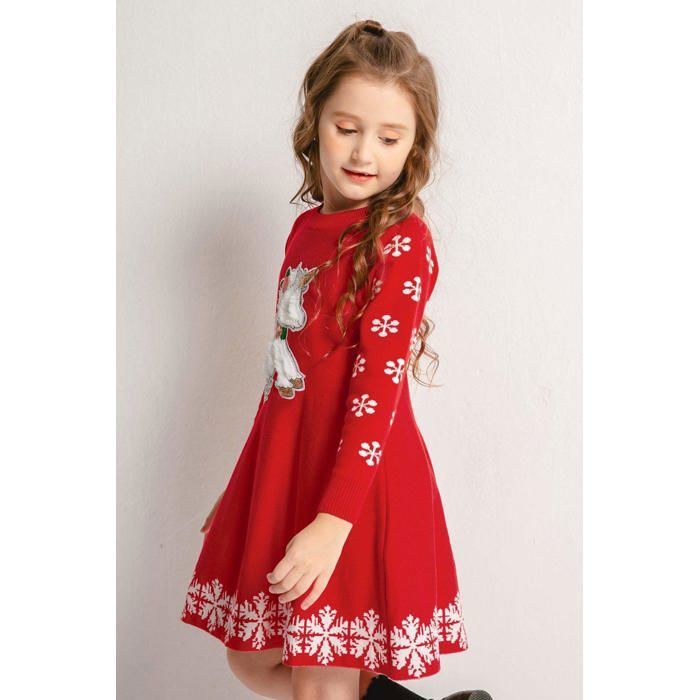 Mère De La Mariée Vêtements Femmes SMILING PINKER Robe Fille Noël Licorne Flocons | Pull Tricoté Manches Longues Rouge 8-9 Ans - Hiver Robe Noel Fille 8 Ans