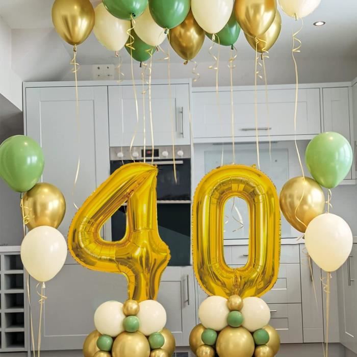 Décoration Anniversaire 40 Ans - Ballons Et Fanions Vert, Or Et Blanc, Kit Complet Pour Fête
