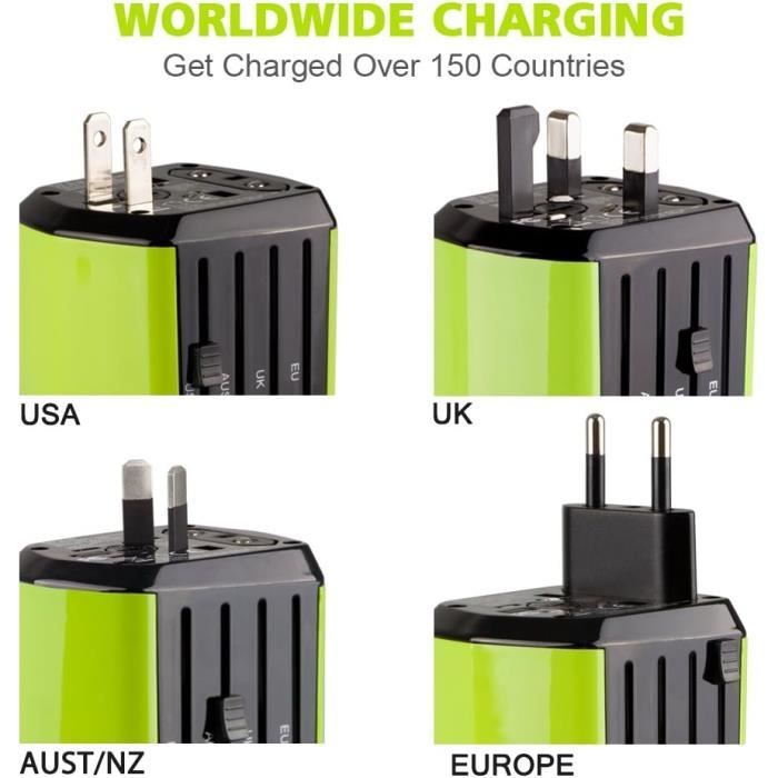 Adaptateur de voyage universel universel IKemiter chargeur multiprise US/EU/ UK/AU avec deux ports USB 2 