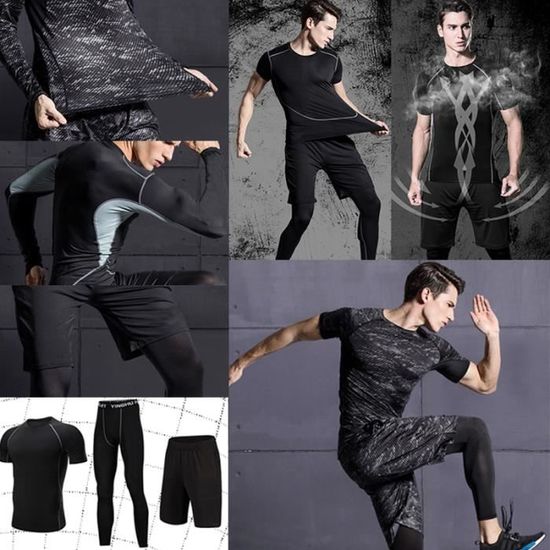 3 en 1 Hommes Survêtement élastique Dance Compression Running Sportswear Collants Set 