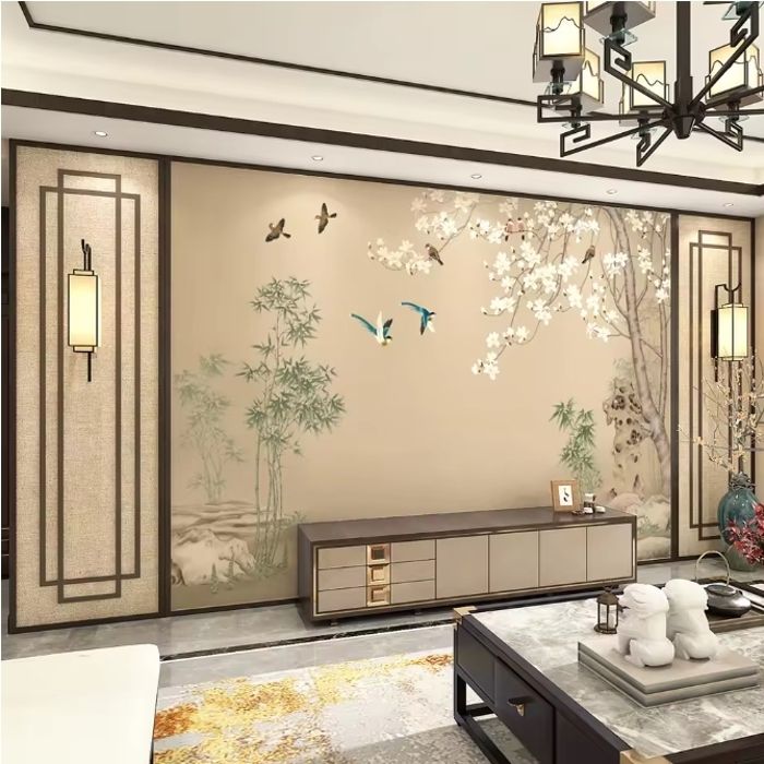 Papier Peint Panoramique 3D chinois peint à la main fleur oiseau canapé ...