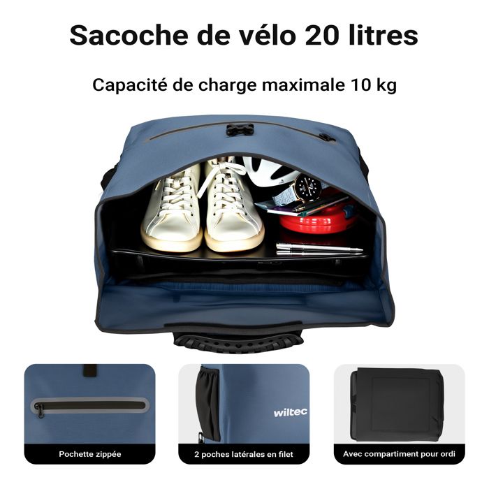 WilTec Sacoche Vélo Étanche 16L – 47x24x13 Cm, En PVC/Polyester, Avec Bandoulière, Pour Porte-Bagages Vélos Et Vélos Électriques