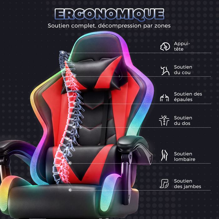Roadoor Chaise Gaming Ergonomique Réglable, Fauteuil Gamer avec Haut- Parleurs et Lumières LED RGB, Siège avec Repose-Pieds Rétractable et Massage Lombaire, Chaise Bureau Inclinable (Rouge