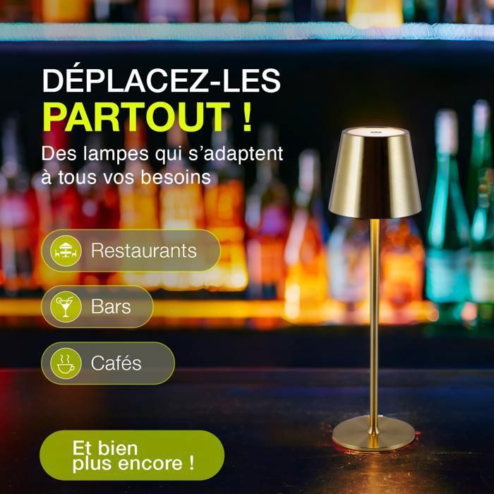 CATAVANA Lot De 4 Lampes Table Sans Fil Rechargeables LED - Tactile Variateur Lumière Chaude - Métal Noir IP44 Intérieur Extérieur