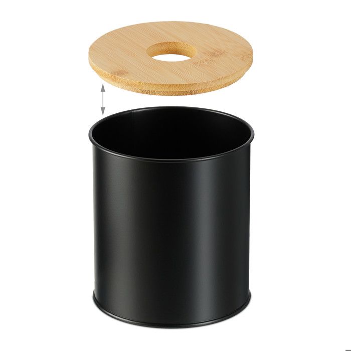 Relaxdays Poubelle Salle De Bain 2L – Couvercle Bambou Avec Trou Pour Cotons, Ronde Noire Mat, Design Élégant