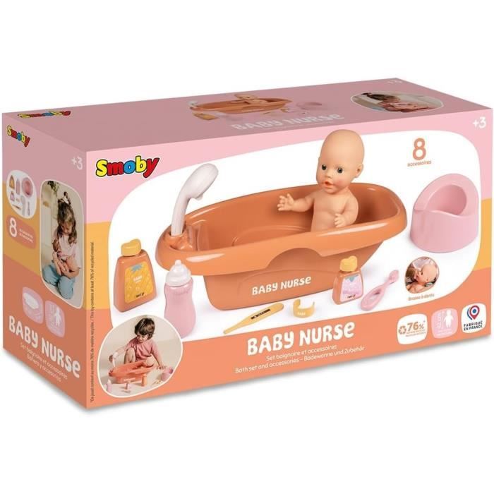 Smoby – Set Baignoire Baby Nurse – 8 Accessoires – Pour Poupon 42 Cm – Réaliste – Dès 3 Ans – Fabriqué En France
