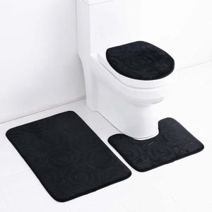 TAPIS DE BAIN Tapis de salle de bain - Tapis de bain antidérapant, couvercle de couvercle de toilette, tapis contour en forme de U-3pack -Noir