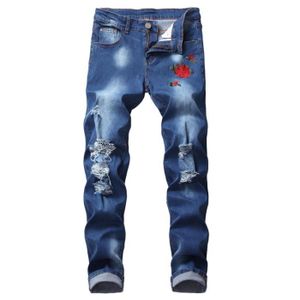 JEANS Jeans homme de marque luxe Jean Broderie slim droit Nostalgique Personnalité slim Pantalon Vêtement Masculin-Bleu