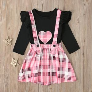 Ensemble de vêtements 1-6 Ans Bébé Enfant Fille 2 PCS Ensemble de Vêtement Automne : Blouse Noir Coeur Manche Longue + Jupe à Bretelles à Carreaux Rose