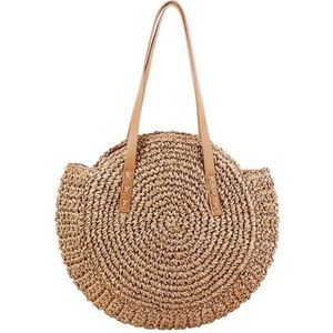 PANIER - SAC DE PLAGE UMIWE Sac de plage une épaule ronde polyvalente，Couleur café clair, paille, 40 * 43cm