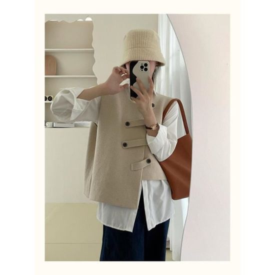 Gilet Femme Tricoté Col V - Sans Manches, Couleur Unie - Automne/hiver, Superposable - Matière Coton/polyester