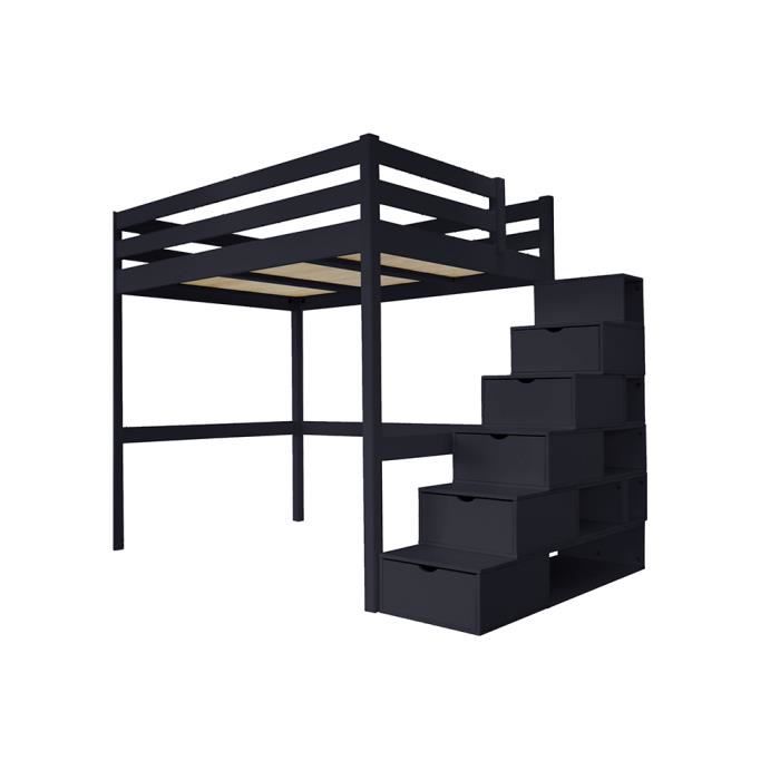 Lit Mezzanine Sylvia avec escalier cube bois - Couleur - Noir, Dimensions - 160x200