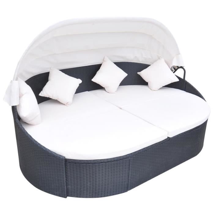 Chaise longue de jardin avec auvent Résine tressée Noir #154-RUR