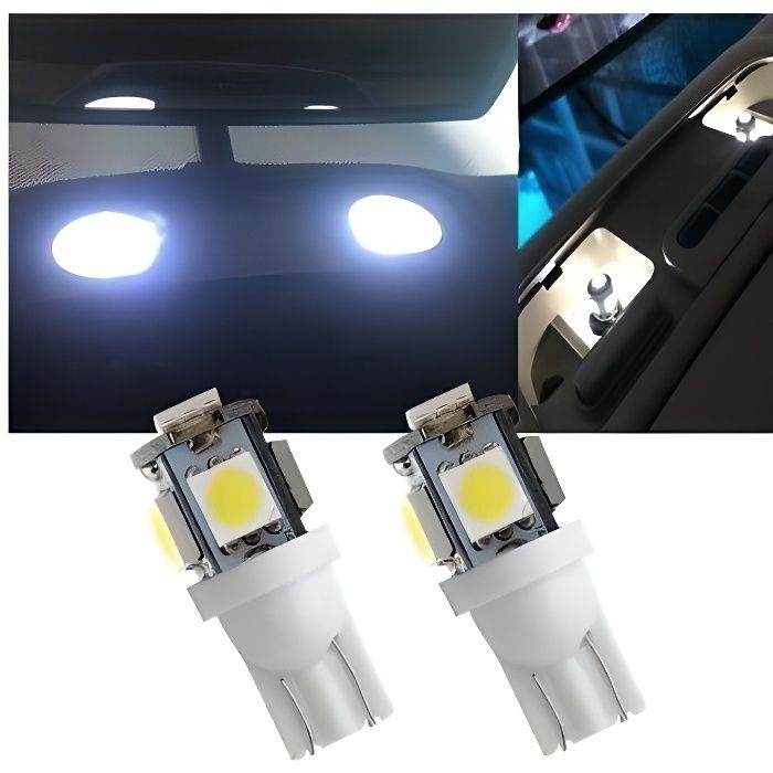 2 ampoule T10 LED W5W SMD Veilleuse Blanche 6000K pour lumière intérieur Voiture 12v