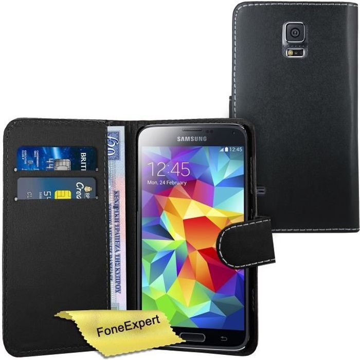 Noir - Samsung Galaxy S5 Etui Housse Coque en Cuir Portefeuille Wallet Case Cover + Film de Protection
