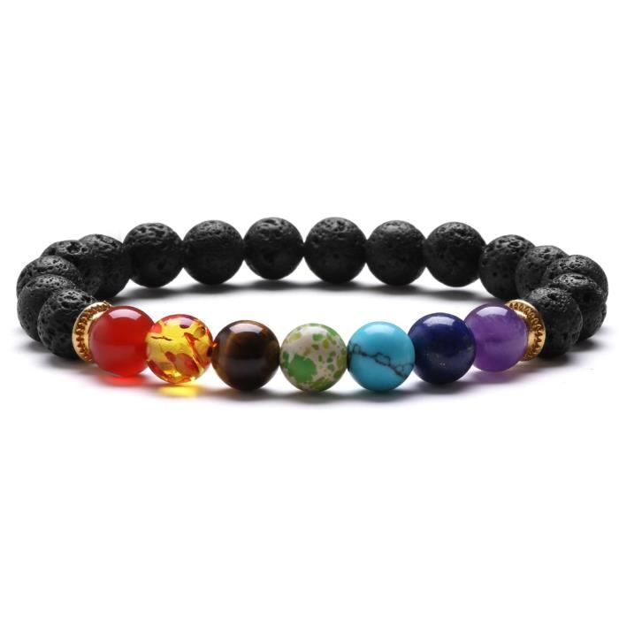 J.Fée Perles Bracelet Élastique Stretch Bracelet Pierre de Lave Naturelle de 7 Chakras Bracelet 8mm Semi Précieuse Bracelet