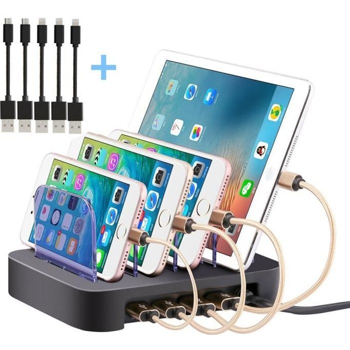Station de Chargeur USB Multiple avec 4 Ports USB de recharge pour Apple Samsung Smartphones Tablettes, 5 Câbles inclus, Noir