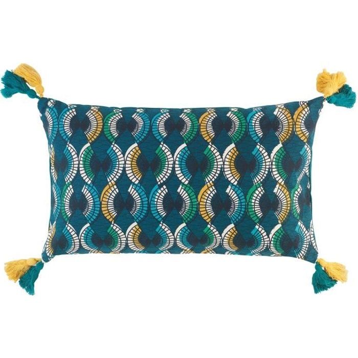 coussin dehoussable à pompons 30 x 50 cm en coton imprime tzagi