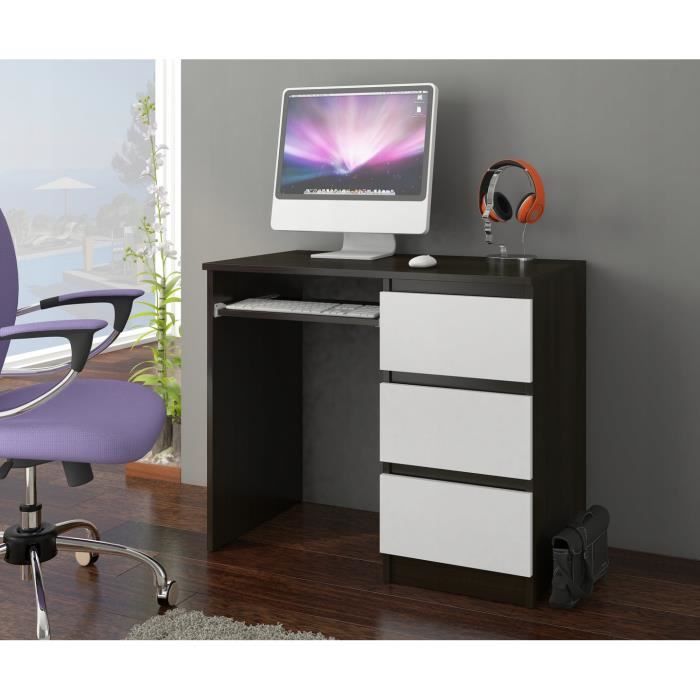 YORK R- Bureau moderne d'ordinateur 96x50x76 - Chambre Ado-Enfant - Support clavier 3 tiroirs - Wengé Blanc