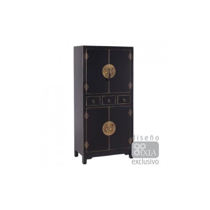 Commode bois noir à motifs 3 tiroirs 4 portes métal ORIENTE