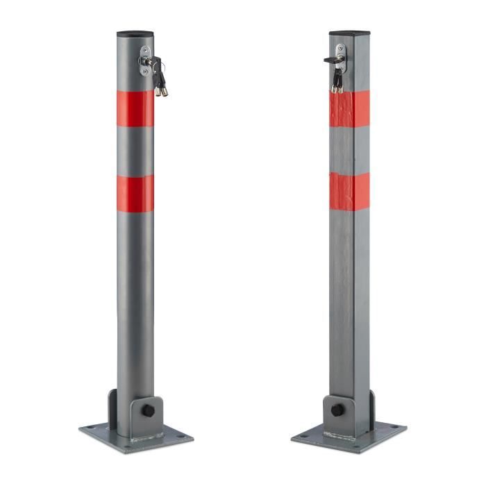 Relaxdays Poteau de parking, barrière de parking rabattable voiture 65 cm de hauteur en acier, gris et rayures rouge - 4052025997441