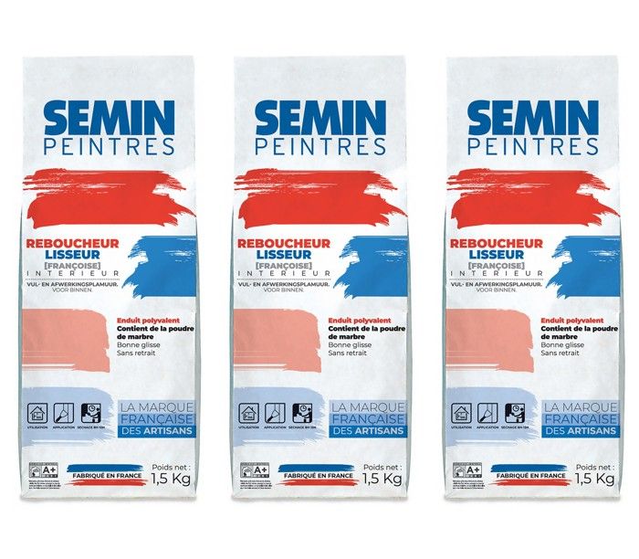 Lot de 3 enduits de rebouchage et lissage en poudre Reboucheur Semin - séchage rapide - intérieur - sac de 1,5 kg