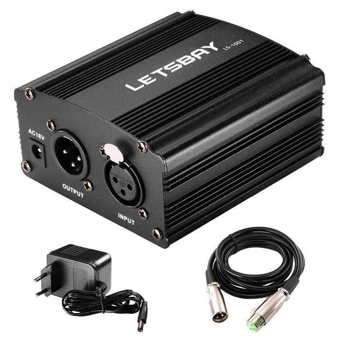 LETSBAY 1- Canal 48V Alimentation Fantôme Noir avec Adaptateur et Un XLR Câble Audio