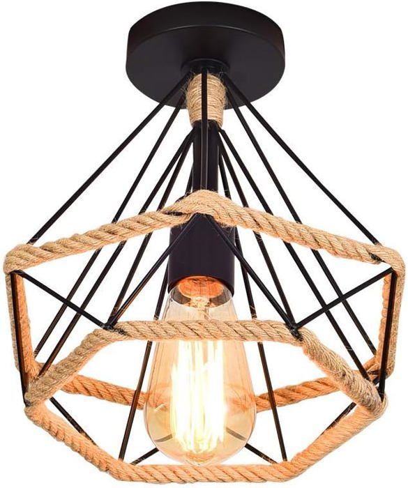 Lampe de Plafond rétro Plafonnier Industrielle Cage en forme Diamant en Métal avec corde de chanvre Fer Lustre Suspension Luminaire - Wovte