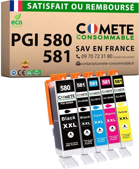 Lot De 5 Cartouches D'encre Compatibles Canon PGI-580 XL & CLI-581 XL - Couleurs Cyan, Jaune, Magenta, Noir + Tricolore - Neuves Sous Emballage