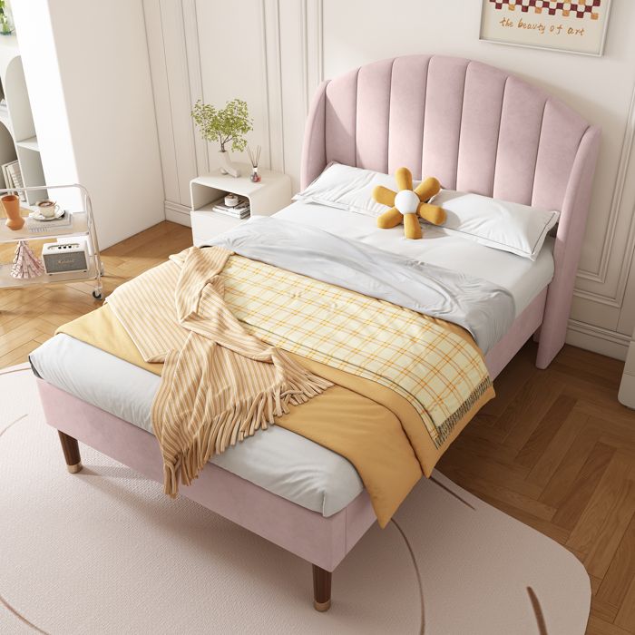 Lit simple - SEA WALL - Lit rembourré 90×200 - Velours rose - Sommier à lattes inclus - Tête de lit rembourrée