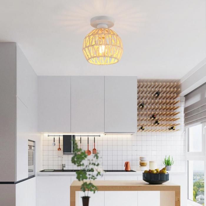 iDEGU Plafonnier Industriel Vintage 16cm Lustre en Rotin Blanc Lampe de Plafond Abat-jour Design Cage pour Salon Chambre