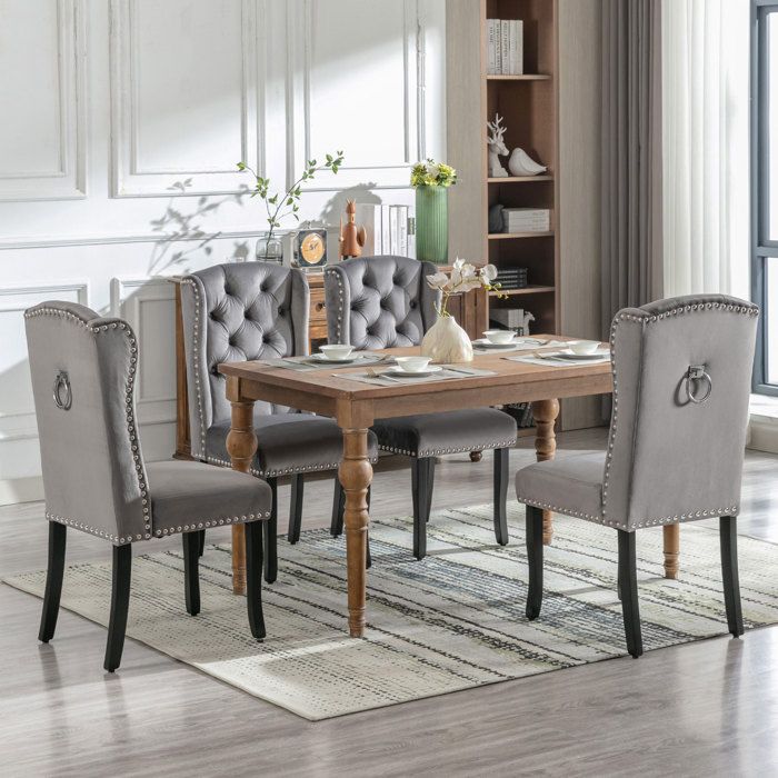 Set De 4 Chaises Velvet Gris - Pieds En Chêne Boutons Chromés Tête Cloutée - Chaises Salon/Cuisine/Chambre Design Élégant