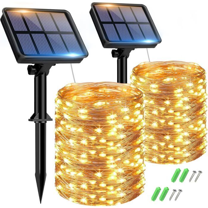 Guirlandes Solaires Extérieures 15m - 150 LED - IP65 - Blanc Chaud - 8 Modes