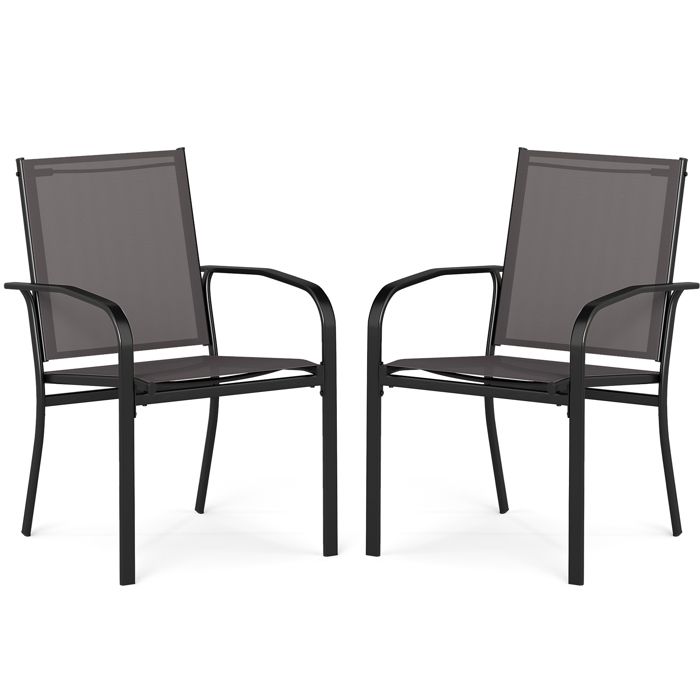 Lot de 2 Chaises de Jardin Extérieur Empilables COSTWAY Tissu Respirant Accoudoirs Dossier Cadre en Métal pour Bistro Terrasse